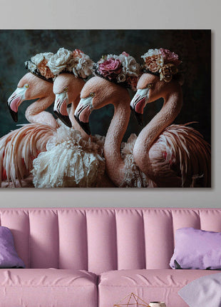 Glasbild «Flamingos mit Blumenhüten» 120 × 80 cm – Ansicht 2