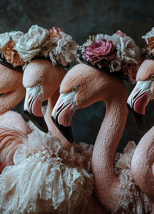 Glasbild «Flamingos mit Blumenhüten» 120 × 80 cm