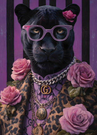 Glasbild «Lila Panther mit Brille» 80 × 120 cm