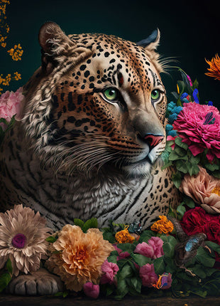 Glasbild «Panther mit Blumen» 120 × 80 cm – 3D-Relief