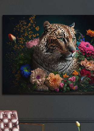 Glasbild «Panther mit Blumen» 120 × 80 cm – 3D-Relief – Ansicht 2