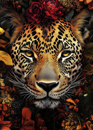 Glasbild «Panther in rotem Blumenmeer» 120 × 80 cm