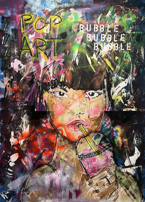 Pop Art, Originalbild von Noah Kaufmann: junge Frau mit Trinkhalm und Schriftzug Pop Art