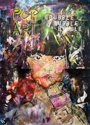 Bubble, Originalbild von Noah Kaufmann: junge Frau mit Bubble Tea im Pop-Art-Stil