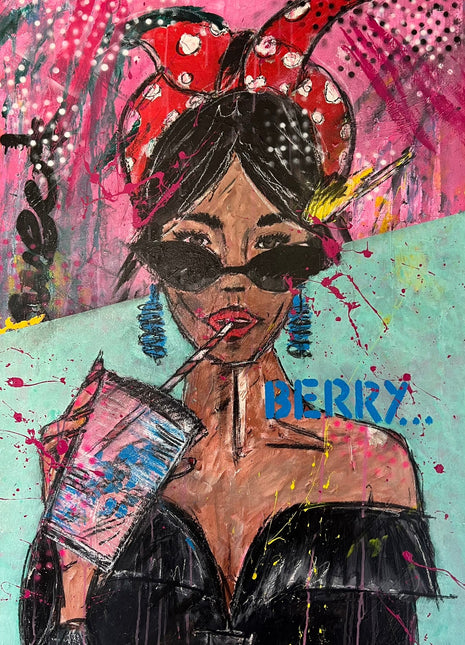 Berry, Originalbild von Noah Kaufmann: Frau mit gepunktetem Haarband, Sonnenbrille und Drink