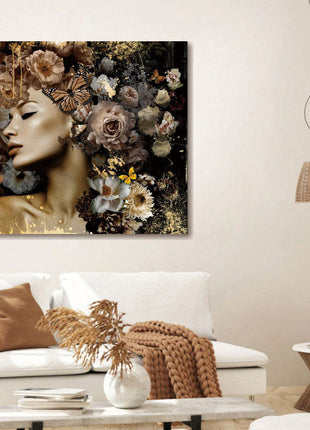 Glasbild «Frau in Gold mit Blumen» 160 × 110 cm – Ansicht 2