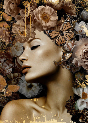 Glasbild «Frau in Gold mit Blumen» 160 × 110 cm