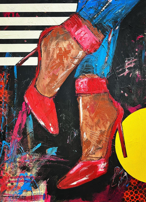 Red Shoes, Originalbild von Noah Kaufmann: rote High Heels vor Streifen und gelber Sonne